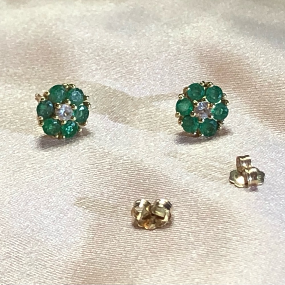 Emerald Flower Stud Earrings in 14k Gold + Emerald Gemstones Green  $950 - Picture 11 of 16